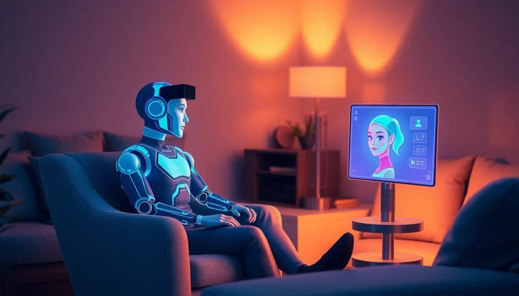 An intimate chat setting with a person interacting with a holographic AI chatbot.