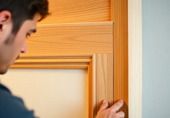 Finish trim woodworking in progress, showcasing detailed craftsmanship and smooth edges on interior wood molding for a polished look.