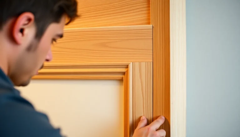 Finish trim woodworking in progress, showcasing detailed craftsmanship and smooth edges on interior wood molding for a polished look.