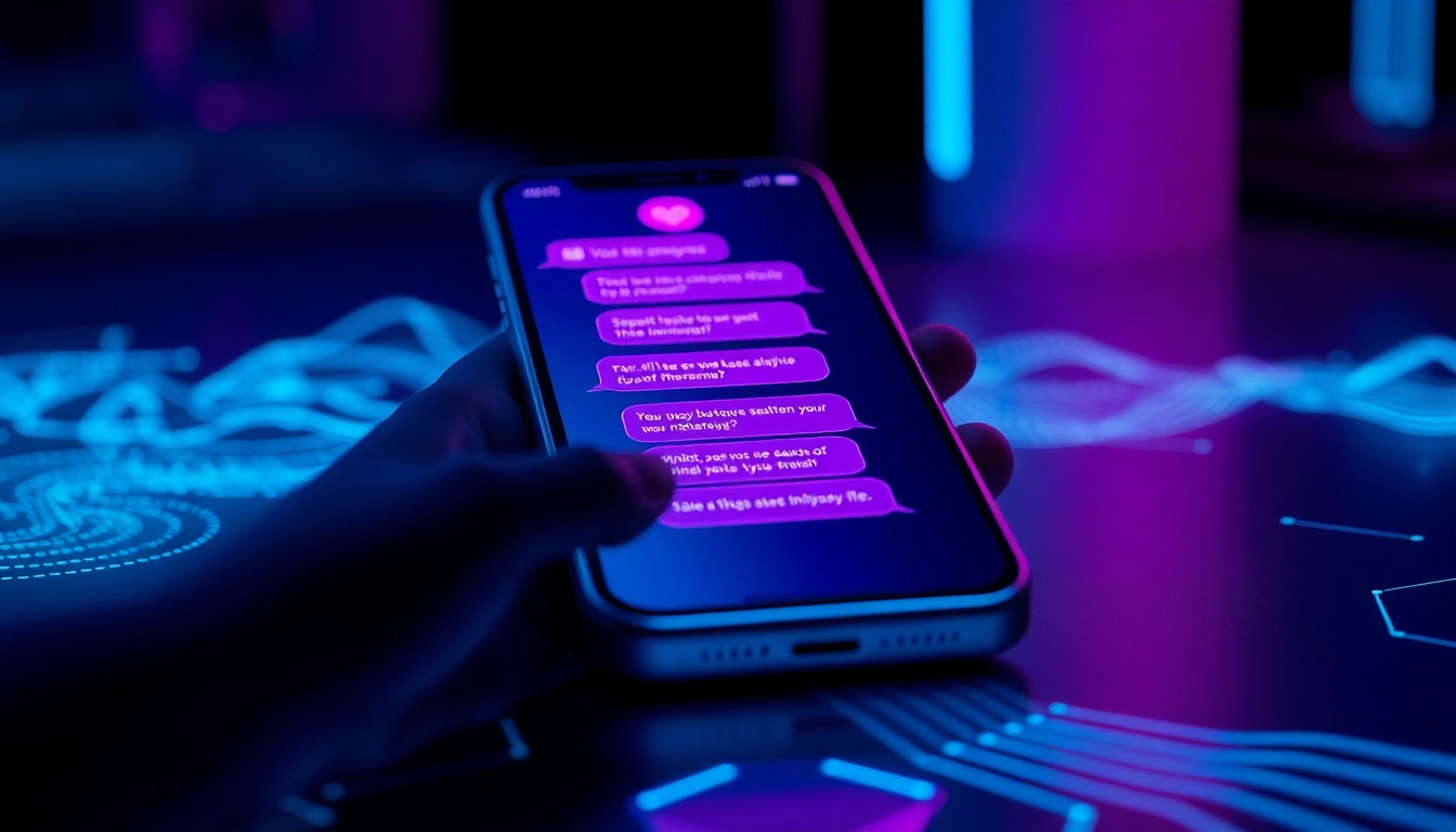 Close-up of a smartphone displaying a provocative AI chat interface with neon cyberpunk lighting.