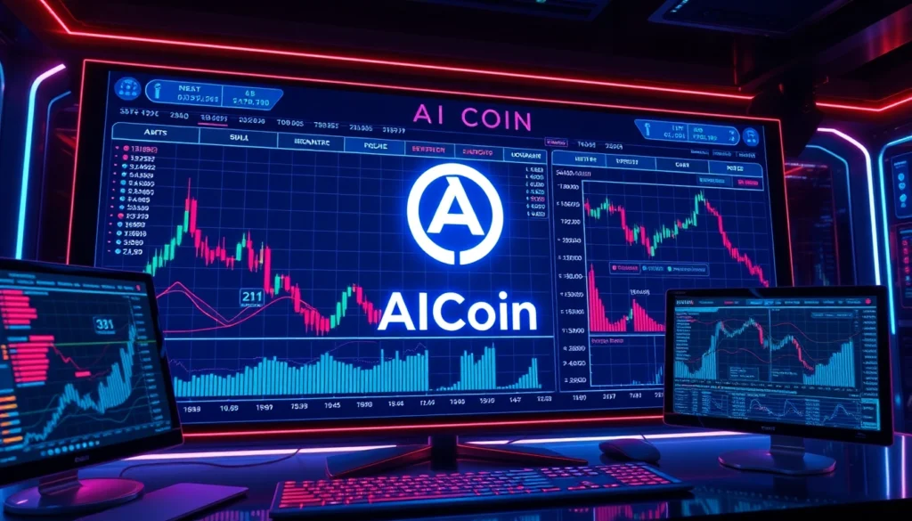 High-tech AICoin trading platform showcasing real-time charts and security features for crypto investors.