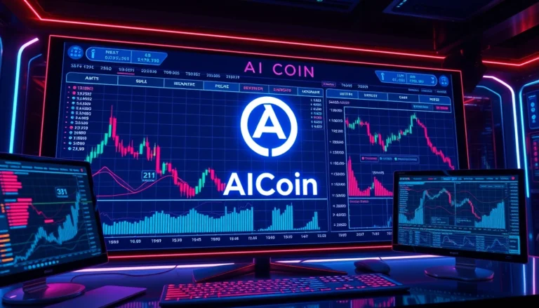 High-tech AICoin trading platform showcasing real-time charts and security features for crypto investors.