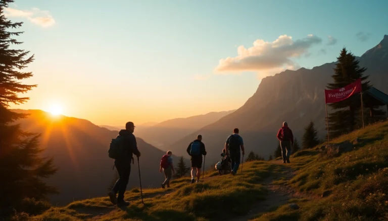 Hiking enthusiasts traversing scenic mountain trail amidst lush forest, inspiring outdoor activity, vibrant landscape.