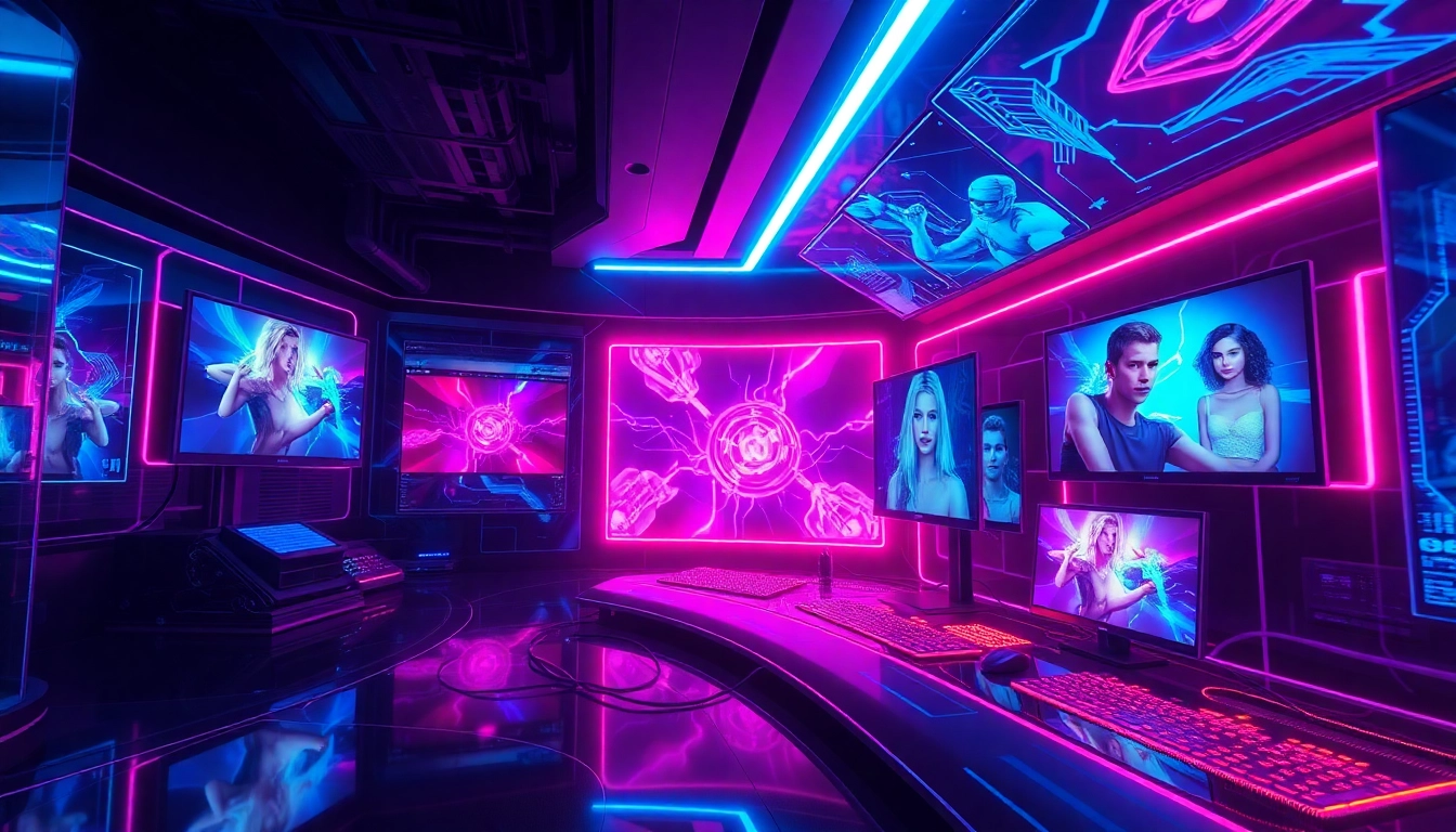 Futuristic digital interface with neon holographic displays showcasing AI-generated NSFW images and videos in a high-tech environment.