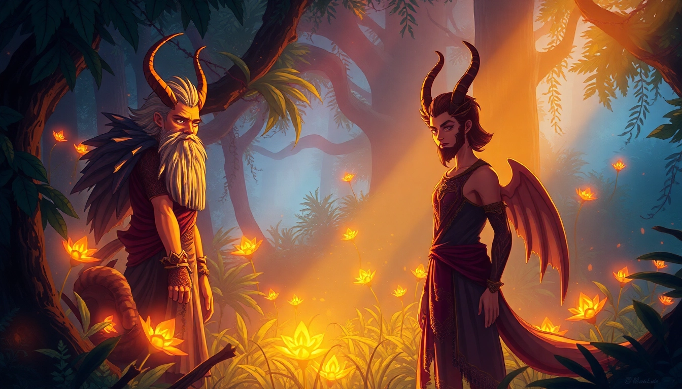 Fantasy scene with three mythical characters in a glowing forest, representing different archetypes with detailed expressions and textures.