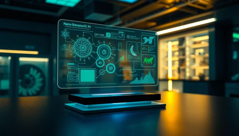 Futuristic AI interface hologram displaying complex data and images, glowing with neon lights in a high-tech environment.