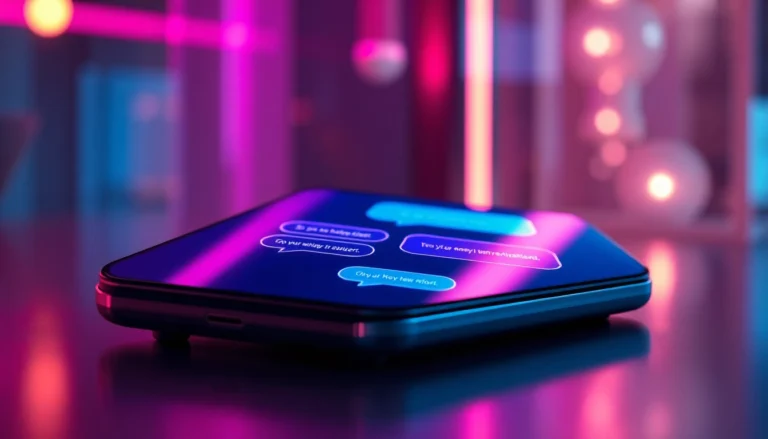 A futuristic AI chatbot interface on a sleek device screen with neon colors and a high-tech vibe.