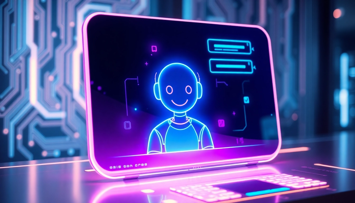 Futuristic AI chatbot interface with neon colors and holographic display on a high-tech background.