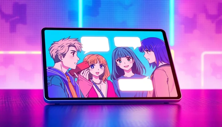 Anime-style characters engaging in a lively conversation on a futuristic digital device with vibrant neon colors.