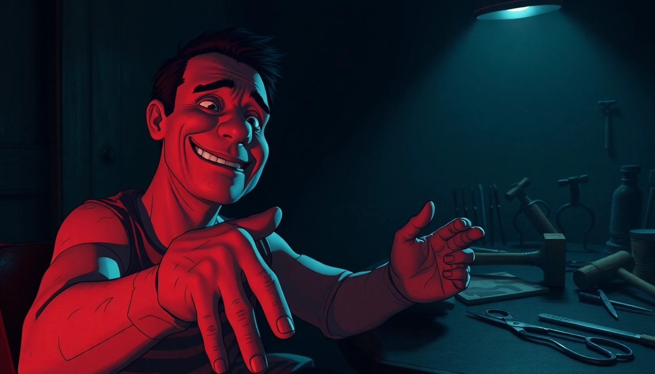 A disturbing scene of Harvey suffering with tools like hammers and needles, in a dark, ominous room.