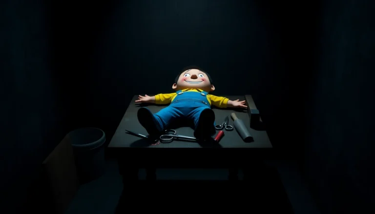 A disturbing scene featuring Harvey, a cheerful cartoon character, in a dark room with unsettling tools around him, conveying psychological horror and moral dilemma.