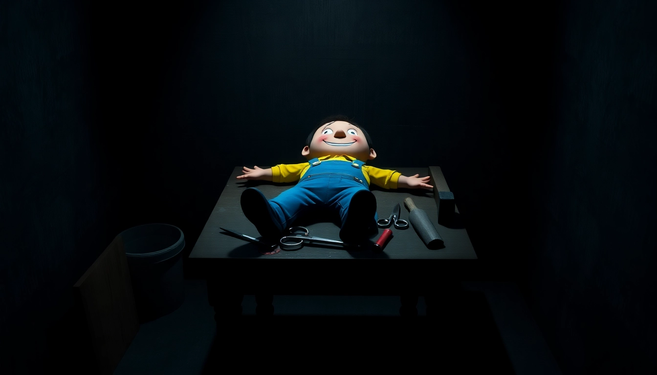 A disturbing scene featuring Harvey, a cheerful cartoon character, in a dark room with unsettling tools around him, conveying psychological horror and moral dilemma.