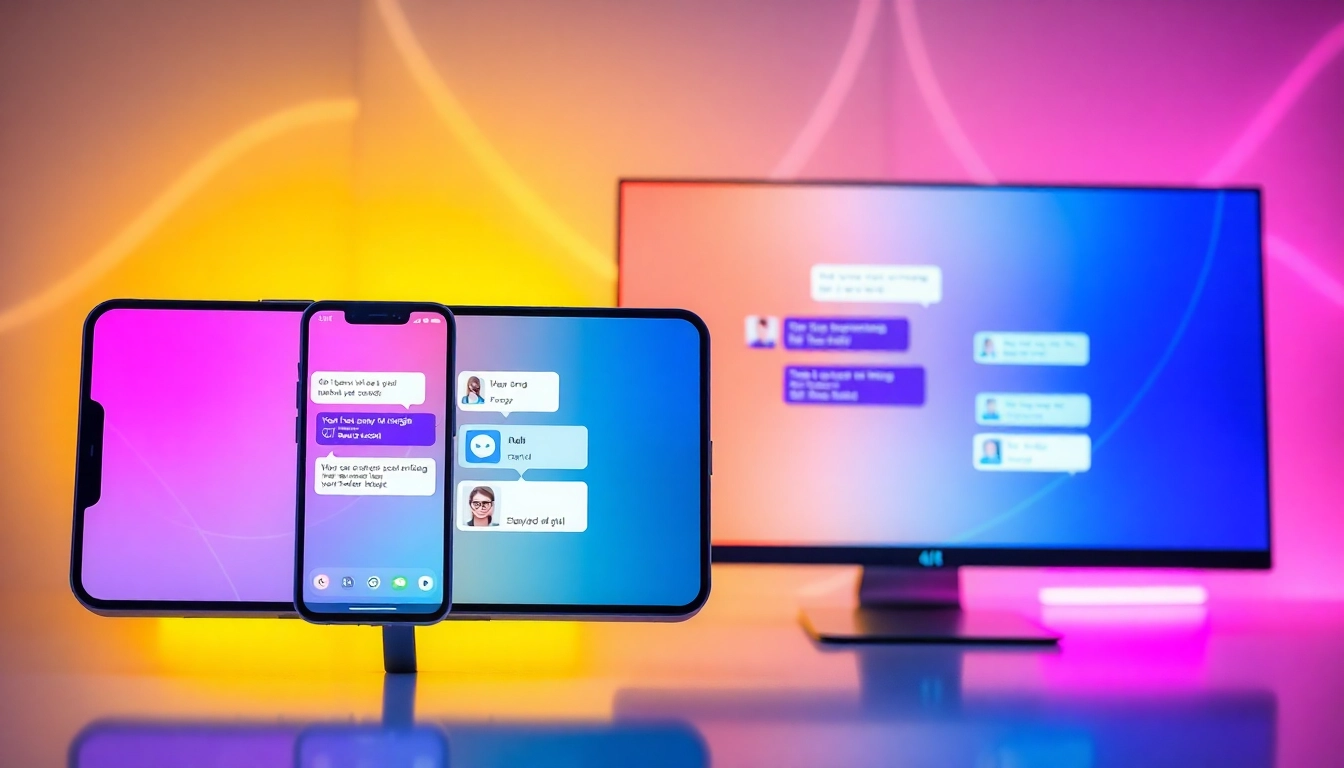 An illustration of a smartphone and desktop screen showing AI chat conversations with customizable characters in a modern, futuristic setting.