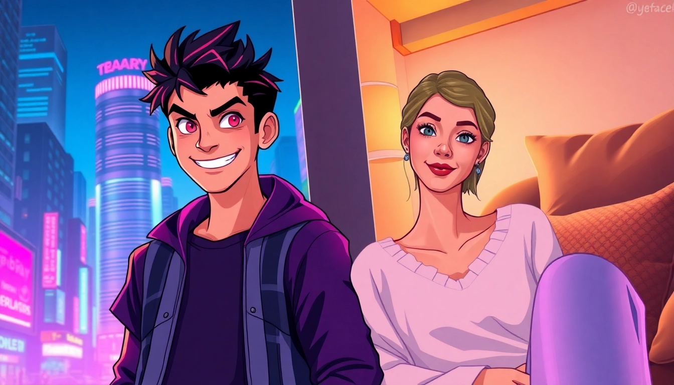 Digital illustration of two characters in a neon-lit cityscape and cozy room, highlighting contrast and connection.
