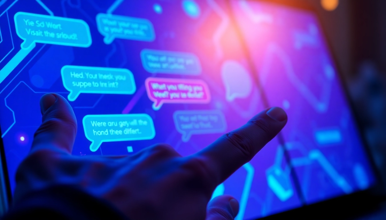 Close-up of a user engaging with a futuristic AI chat interface on a digital device, glowing text bubbles and tech-inspired background.
