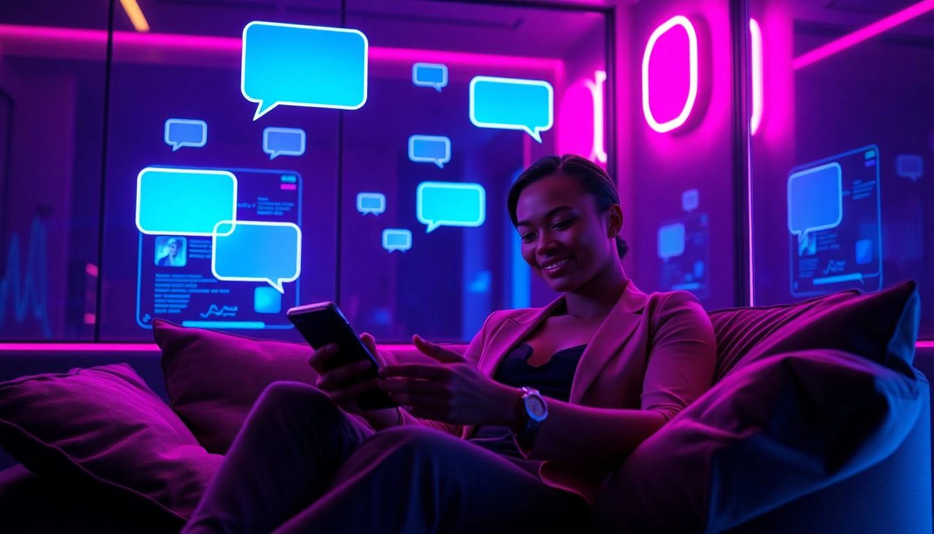 A person using a futuristic device with holographic chat bubbles in a cozy, neon-lit room, illustrating AI chat interaction.