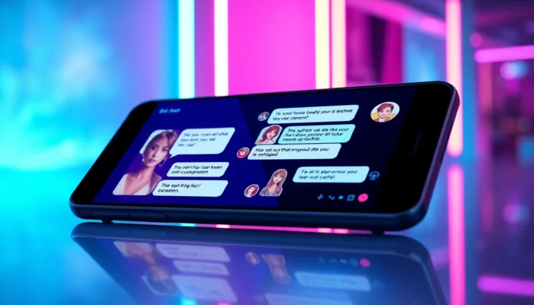 Futuristic mobile chat interface with AI characters and glowing text bubbles in a high-tech environment.