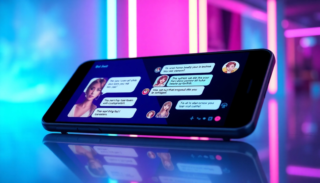 Futuristic mobile chat interface with AI characters and glowing text bubbles in a high-tech environment.