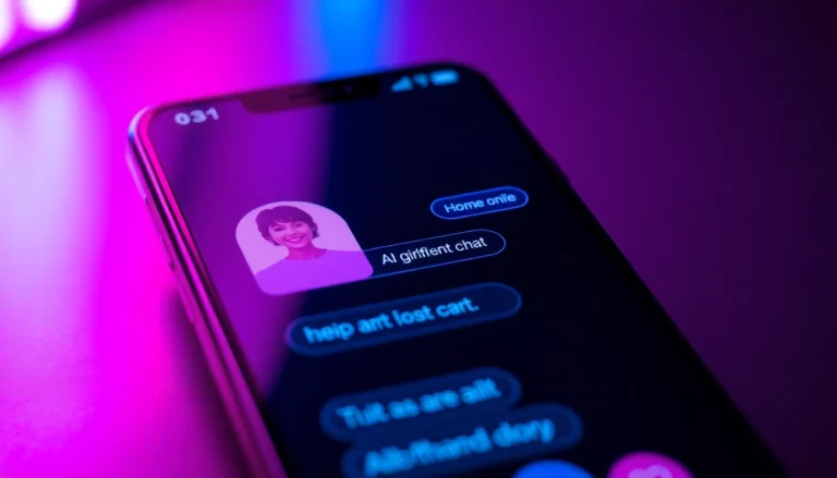 AI girlfriend interacts in a sleek chat interface on a smartphone, highlighting advanced digital companionship.