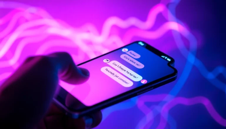 A futuristic mobile device displaying an engaging AI chat interface with vibrant neon colors and personalized conversation elements.