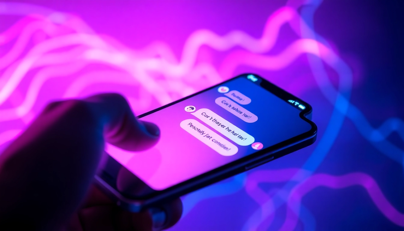 A futuristic mobile device displaying an engaging AI chat interface with vibrant neon colors and personalized conversation elements.