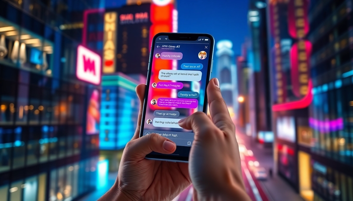 A person holding a smartphone with an AI chatbot interface, cityscape background at dusk, neon lights, high-tech style.