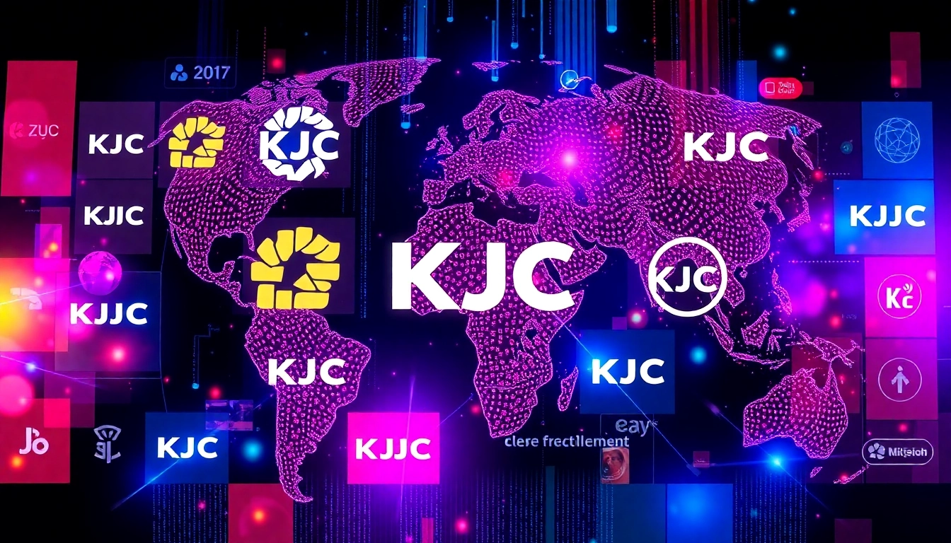 Official branding visuals of httpskjcm.net showcasing global entertainment network with dynamic