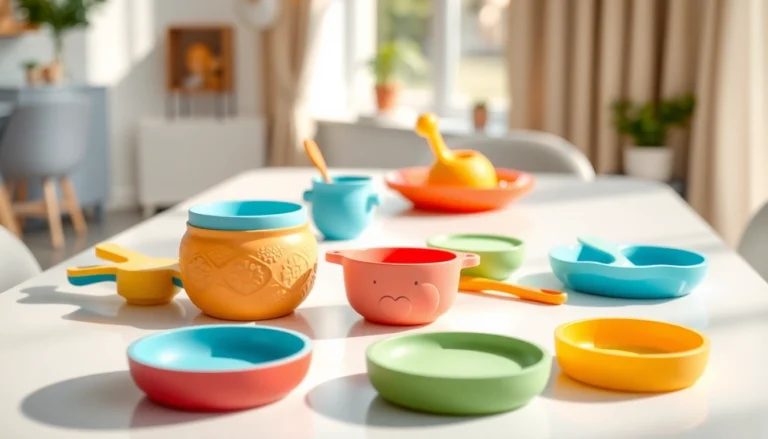 Safe silicone baby tableware in vibrant colors shown on a clean table with secure suction bases