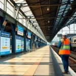 Railway Jobs recruitment exam center with candidates and officials engaging in railway job