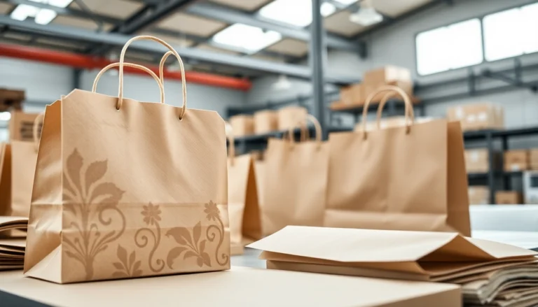 Modern factory producing eco-friendly torba papierowa with customers examining sustainable
