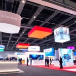 Stunning tradeshow displays with vibrant booth designs attracting visitors at a busy event