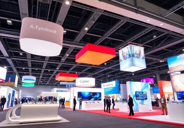 Stunning tradeshow displays with vibrant booth designs attracting visitors at a busy event