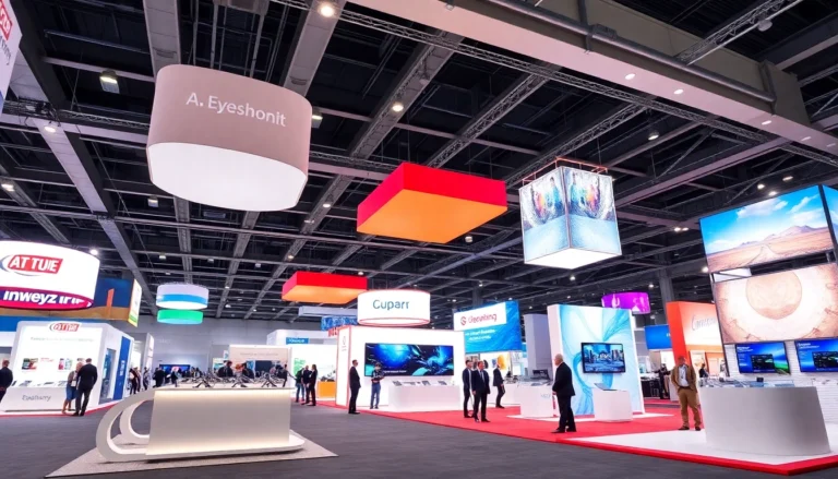 Stunning tradeshow displays with vibrant booth designs attracting visitors at a busy event
