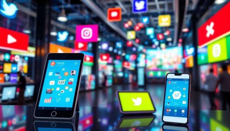 Social commerce business news trends displayed on mobile devices with social icons and analytics