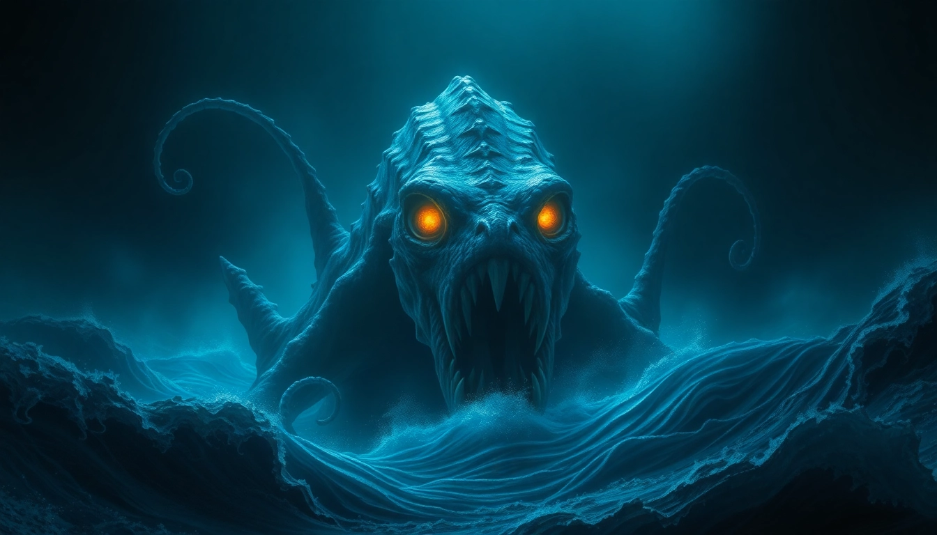 Ancient kraken emerging from deep sea with glowing eyes and massive tentacles, realistic depiction