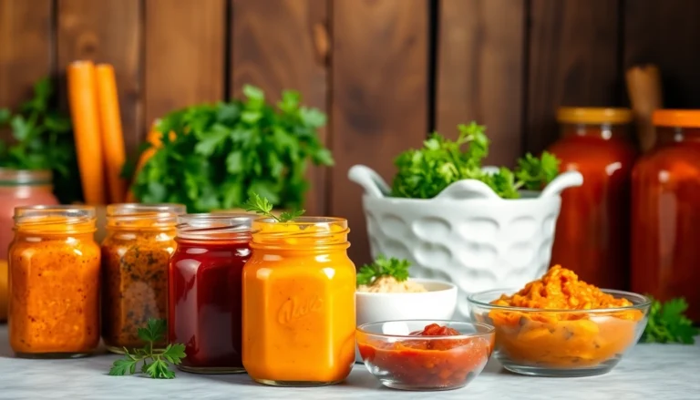 Vibrant assortment of Curry Paste jars and bowls with herbs for authentic cooking