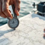 Accurate Boots Versegelung using a compass and nautical chart to determine position on the water