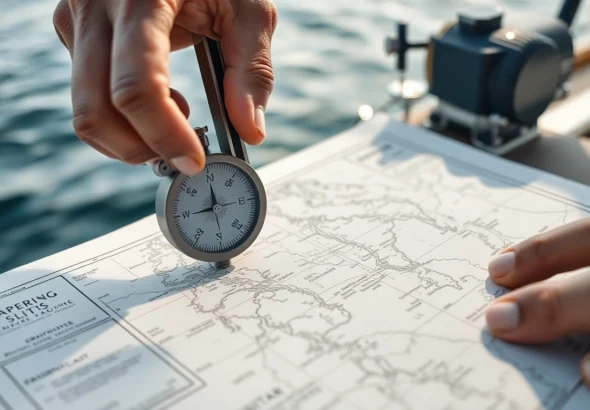 Accurate Boots Versegelung using a compass and nautical chart to determine position on the water